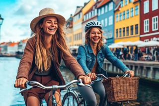 Deux femmes font du vélo joyeusement ensemble le long d'un canal vibrant au Danemark par une journée ensoleillée | MSC Croisières