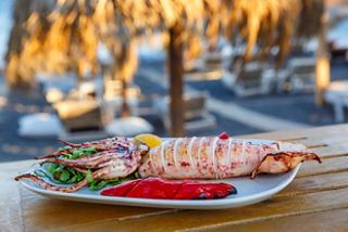 A beautifully presented dish featuring grilled squid, garnished with vibrant vegetables, set against a scenic backdrop | MSC Cruises