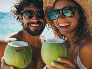 Una coppia felice tiene in mano noci di cocco fresche su una spiaggia soleggiata a Nassau, Bahamas, godendosi la loro fuga tropicale | MSC Crociere