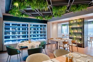Un vibrante comedor con plantas verdes, asientos modernos y mesas para que los huéspedes disfruten de las comidas juntos | MSC Cruceros