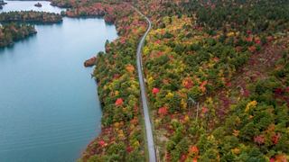 A scenic aerial view of a winding road flanked by vibrant autumn foliage beside a tranquil waterway in Halifax, Canada | MSC Cruises