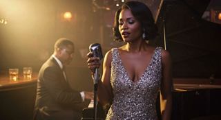 A woman singing into a microphone on stage in a jazz club setting, with a man playing piano in the background | MSC Cruises