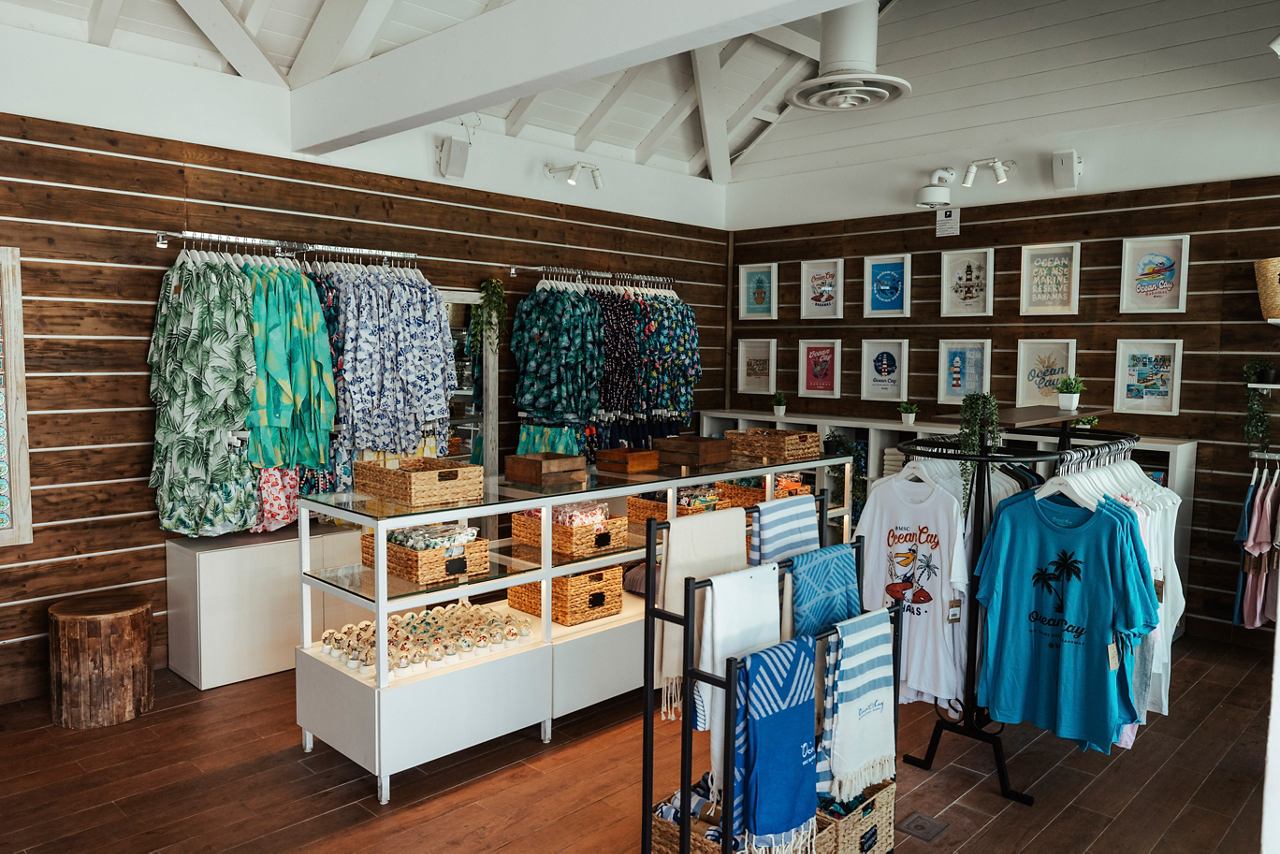 A vibrant shopping area filled with clothing and accessories at Ocean Cay MSC Marine Reserve | MSC Cruises