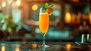 A refreshing Bellini cocktail garnished with fruit, set against a warm bar atmosphere | MSC Cruises