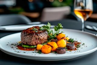 A beautifully plated butcher's cut steak with vibrant vegetables and potatoes, inviting a delightful dining experience | MSC Cruises