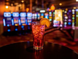 A vibrant cocktail sits on a table in a lively casino, with slot machines glowing in the background | MSC Cruises