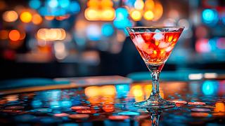 A vibrant martini cocktail sits on a table, reflecting the lively atmosphere of the Red Gem Casino | MSC Cruises