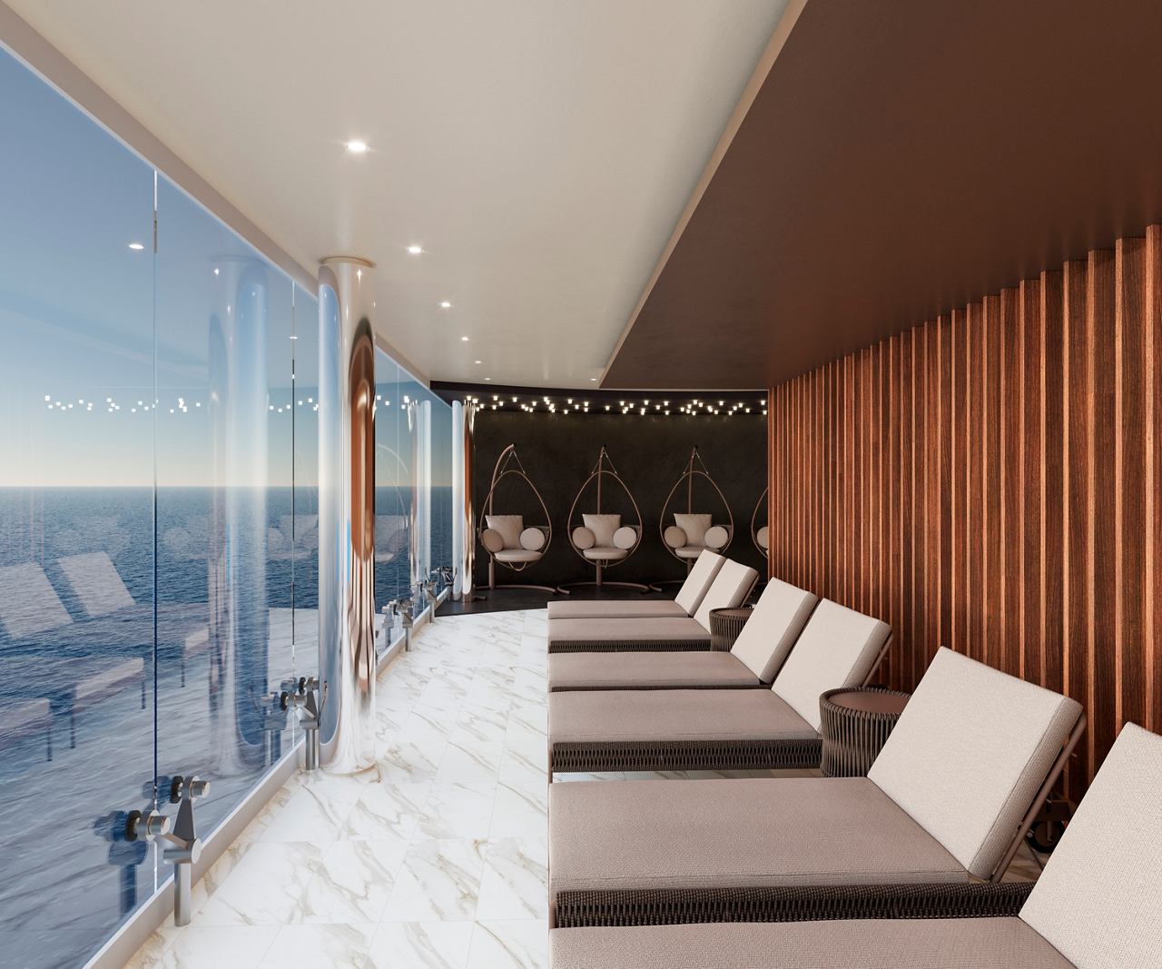 Ein ruhiger Entspannungsraum mit Liegen und einer Glaswand mit Blick auf das Meer im MSC Aurea Spa | MSC Cruises