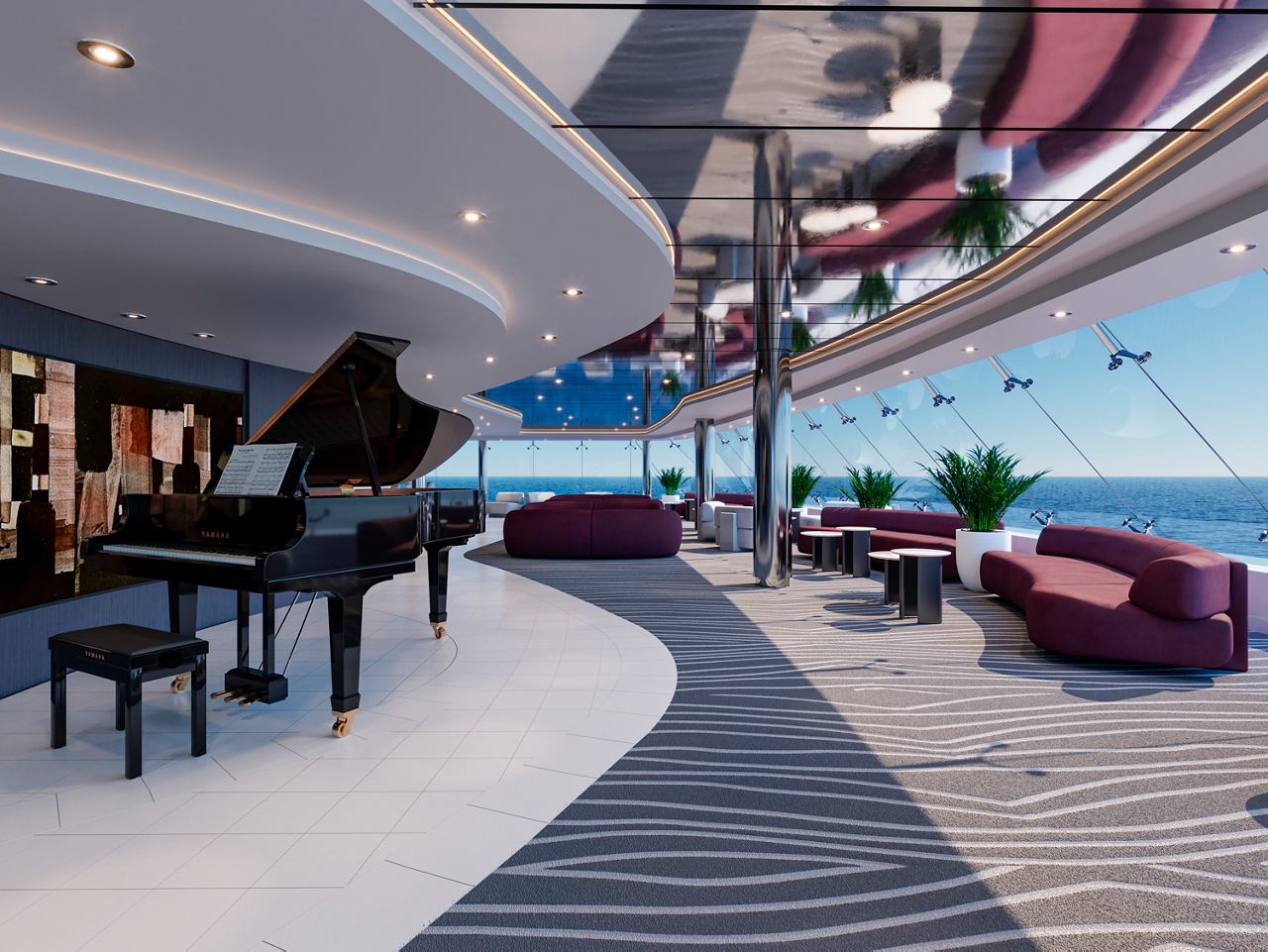 The elegant MSC Yacht Club Top Sail Lounge offers stunning sea views and sophisticated seating for relaxation | MSC Cruises