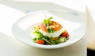 A beautifully presented halloumi cheese salad with fresh greens and cherry tomatoes on a white plate | MSC Cruises