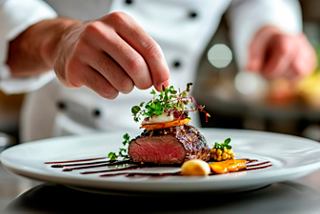 A chef carefully garnishes a gourmet steak dish, showcasing culinary artistry and attention to detail | MSC Cruises