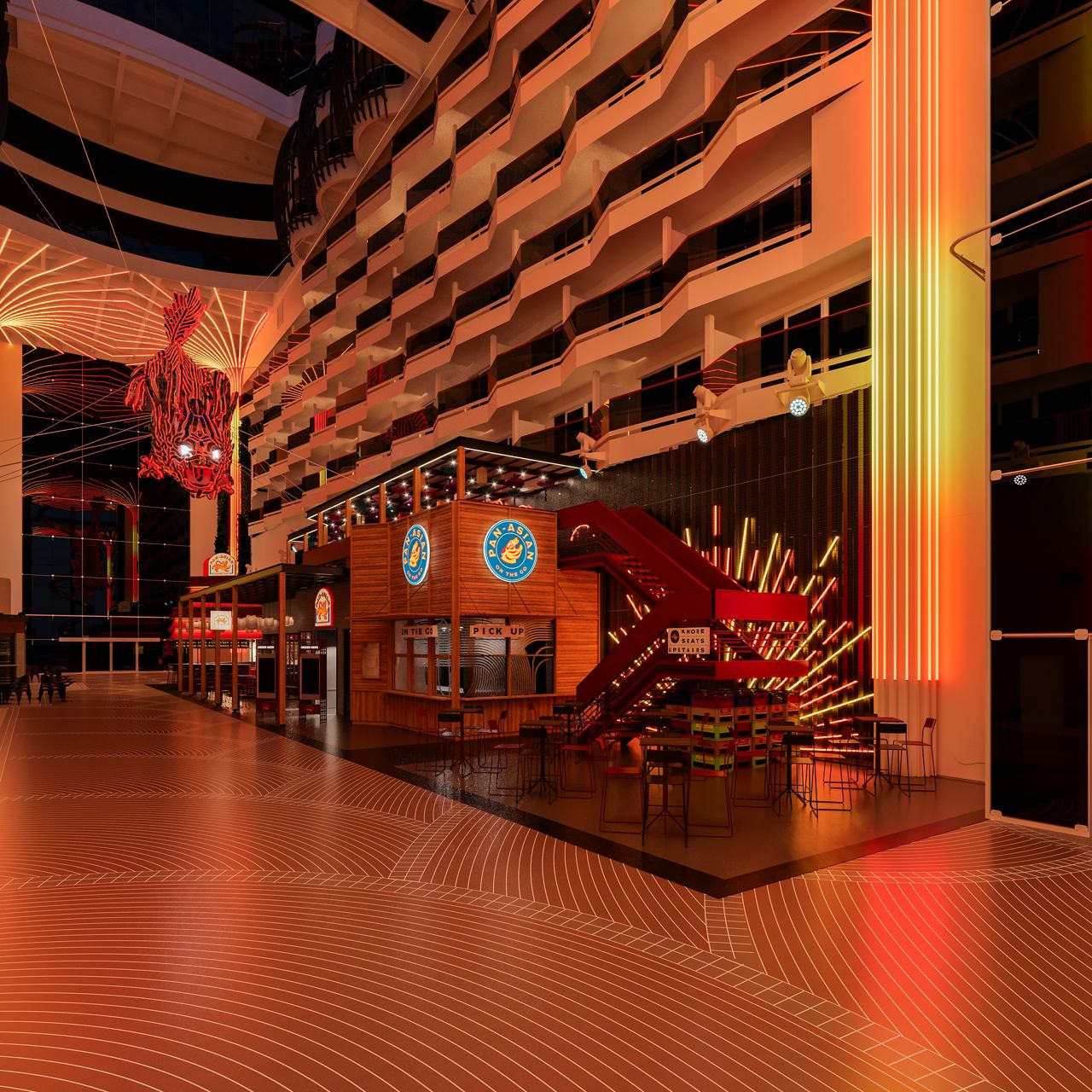 A vibrant public area on MSC World Asia featuring inspiring lighting and Asian cultural elements | MSC Cruises