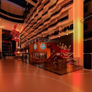 A vibrant public area on MSC World Asia featuring inspiring lighting and Asian cultural elements | MSC Cruises