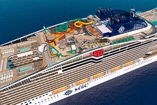 Aerial view of MSC World Asia showcasing entertainment facilities on deck | MSC Cruises