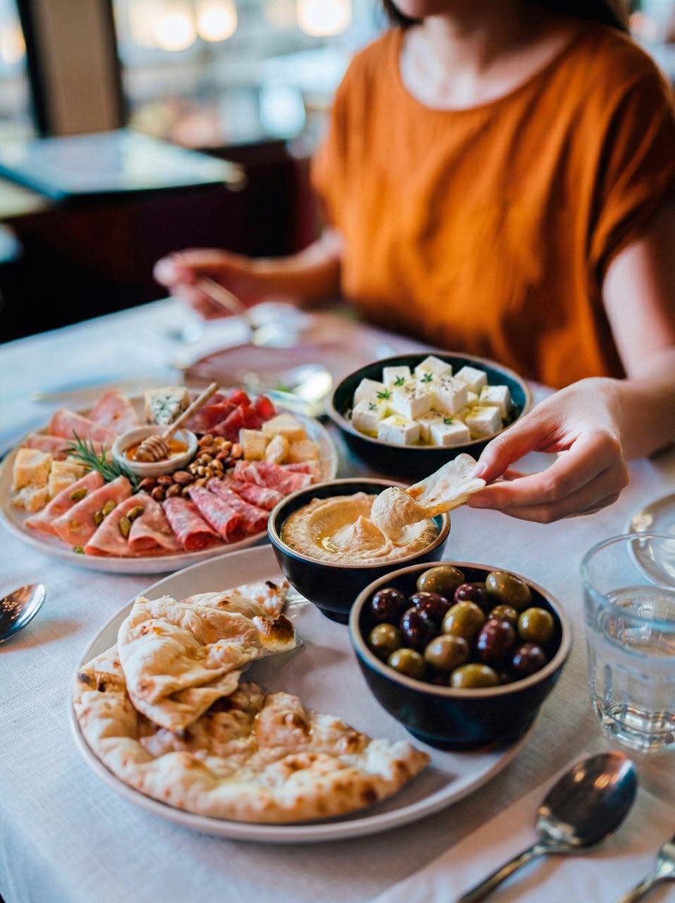 A platter of various appetizers including hummus and cheese, set on a cozy table | MSC Cruises