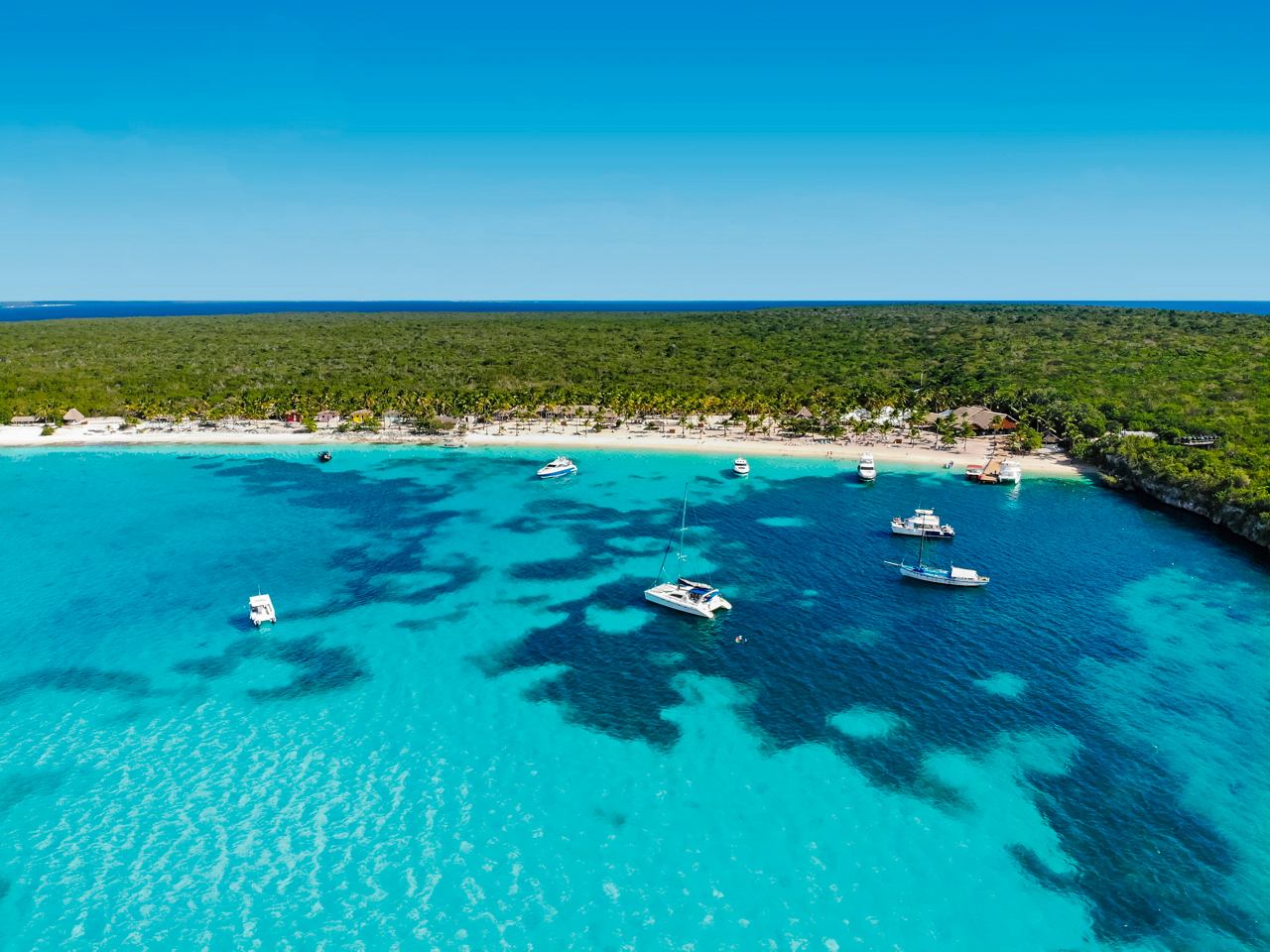 Vista aérea de un mar cristalino y una playa rodeada de vegetación en la República Dominicana | MSC Cruceros