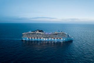 MSC World Europa cruise ship on the sea under a blue sky aerial view | MSC Cruises