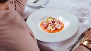 Postre en bol blanco con arándanos y crema rosa | MSC Cruceros