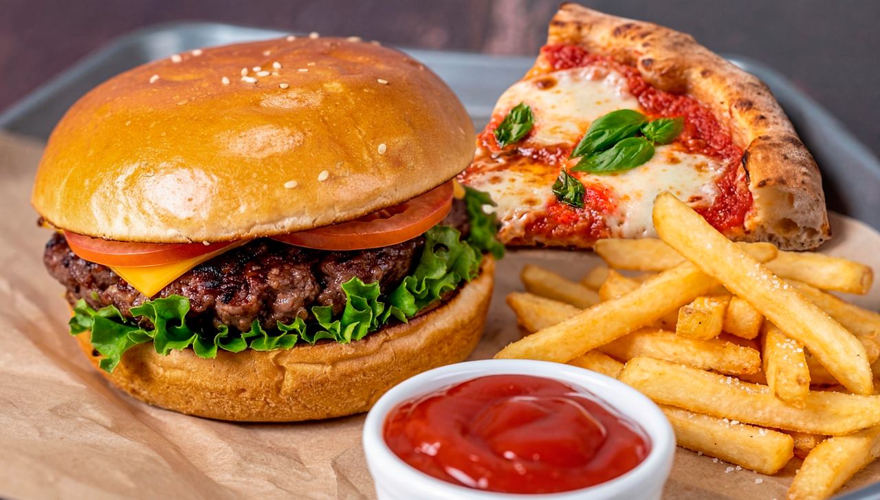Burger and pizza with ketchup for a tasty food experience | MSC Cruises