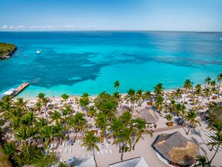 Veduta aerea di una spiaggia con palme e mare blu a Isola Catalina | MSC Crociere