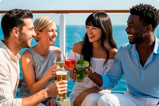 Group of people smiling and enjoying drinks on a ship deck | MSC Cruises