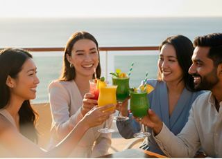 Group enjoying cocktails and fruit on the deck of a cruise ship with smiles | MSC Cruises
