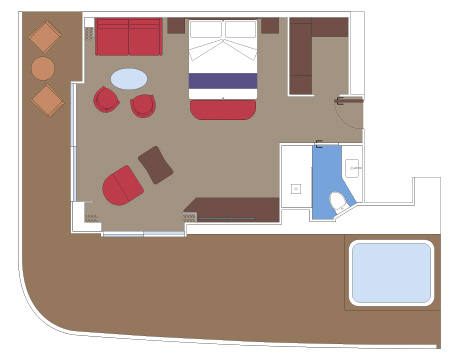 Floor plan of a spacious suite featuring a whirlpool bath and various amenities for a comfortable stay | MSC Cruises