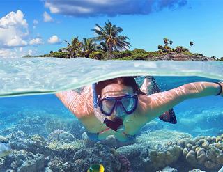 A snorkeler explores vibrant underwater life near a tropical island, enjoying a moment of adventure and discovery | MSC Croisières