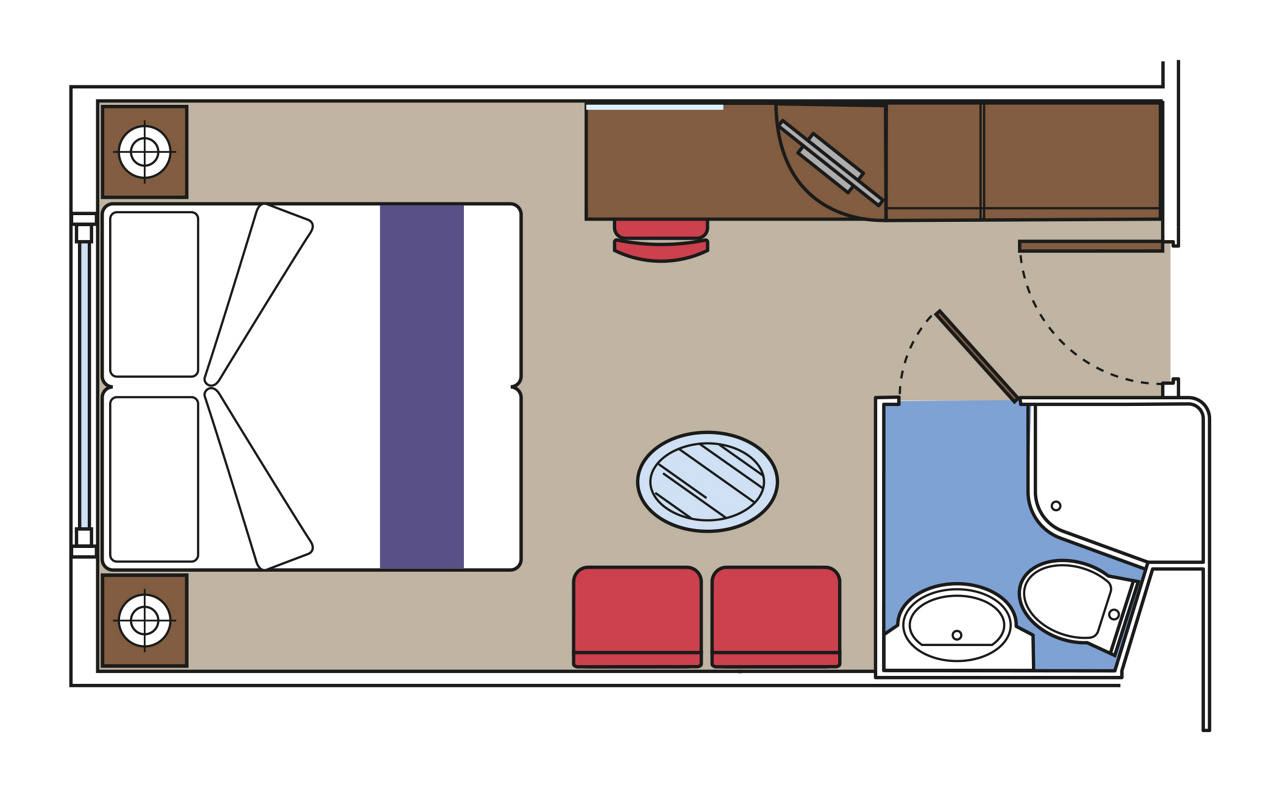 Ein Grundriss einer Kabine mit Meerblick, die ein Bett, eine Sitzecke und ein Badezimmer bietet | MSC Cruises