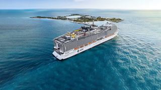 A luxury cruise ship sails close to tropical islands in crystal blue waters | MSC Cruises